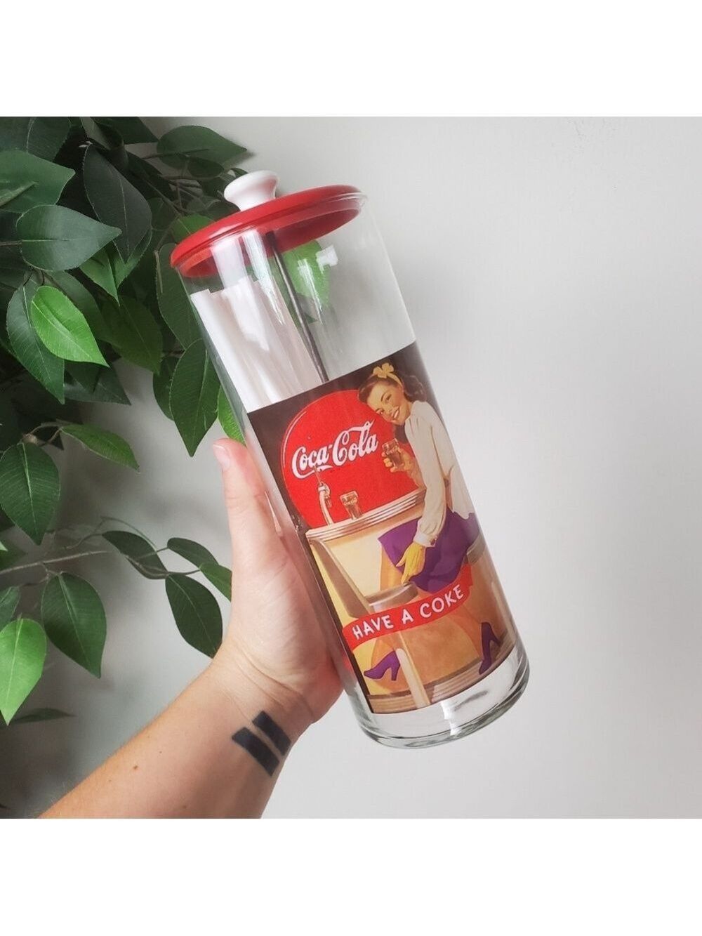 Vintage Coca Cola Glass Straw Holder Dispenser Red White Clear